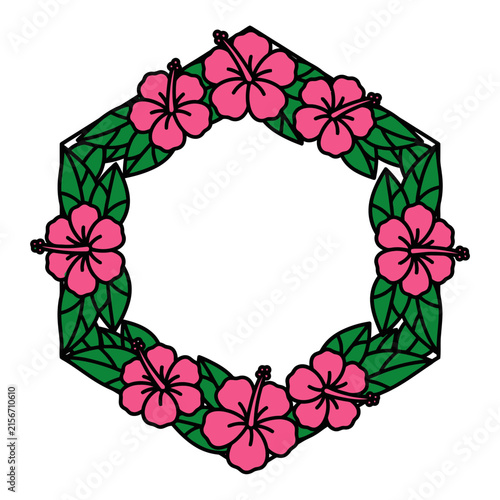 Hexagonal floral frame vector illustration featuring vibrant pink hibiscus flowers and green leaves arranged in a geometric pattern for decorative designs