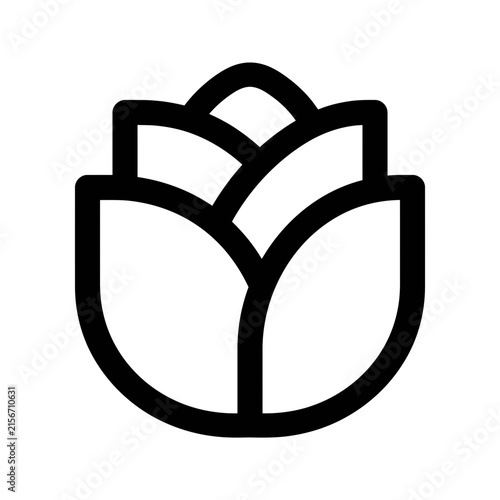 Minimalist line art icon of a blooming rose bud, isolated on a white background