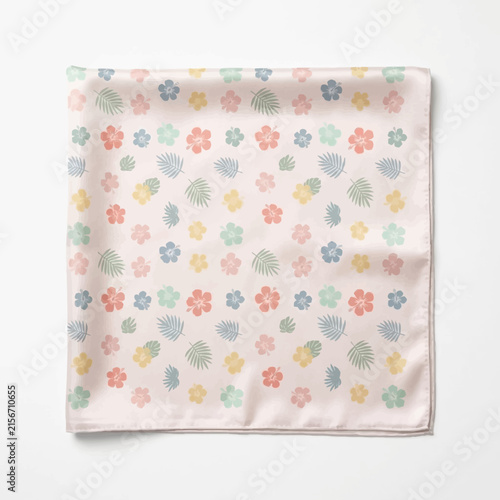 Soft pastel floral and leaf pattern on a light pink fabric square, ideal for decorative textiles or a gentle spring-themed accessory with a cheerful aesthetic