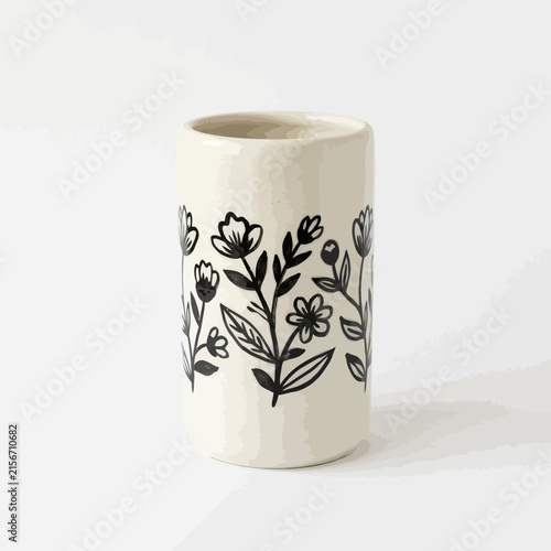 Elegant cream ceramic vase featuring a striking hand-drawn black floral pattern, embodying minimalist beauty and a natural artistic touch for contemporary home decor