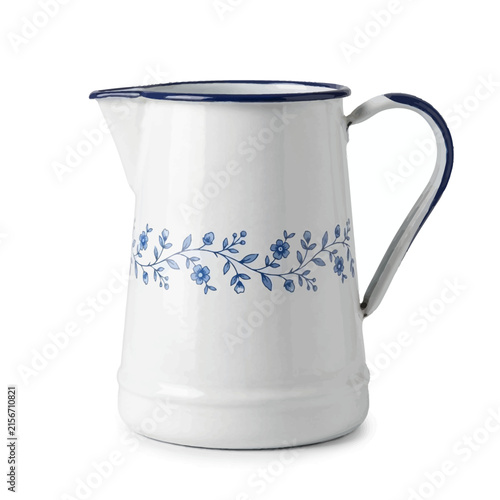 Enamel jug or pitcher with a delicate blue floral pattern on a clean white background, studio shot