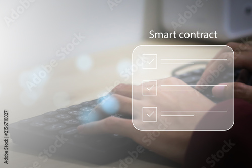 Smart contract concept with digital signature, blockchain technology, electronic agreement, secure online transaction, legal document automation, decentralized finance, and business compliance.