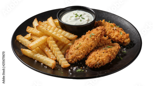 Bild auf Leinwand Crispy golden chicken tenders and crinkle-cut fries with creamy dipping sauce, i