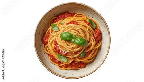 Spaghetti with tomato sauce and basil leaves, isolated on transparent background