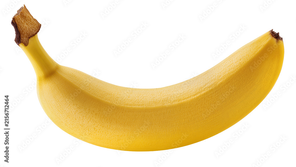Fototapeta premium Ripe yellow banana with brown stem tip, isolated on transparent background