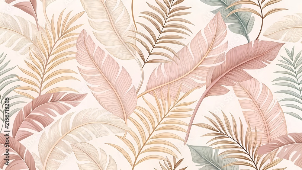 Fototapeta premium Soft pastel palm leaves and feathers in a seamless pattern with diffused light for organic design