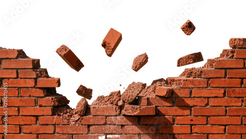 Foto Red brick wall crumbling with flying debris, isolated on transparent background