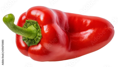 Foto Shiny red bell pepper with green stem, isolated on transparent background