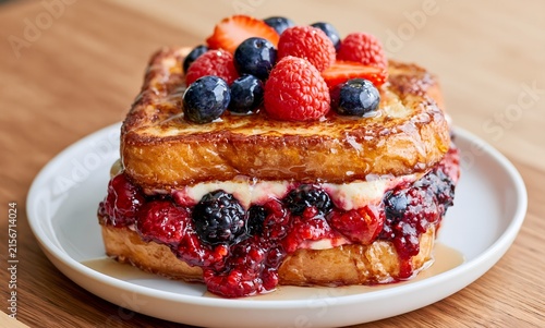 A plate holds a tall, indulgent stack of stuffed French toast.
