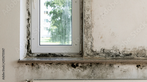 Elegent photo of Severe black mold growth on a damp interior wall around a window. Represents a health hazard and a need for professional home renovation services.