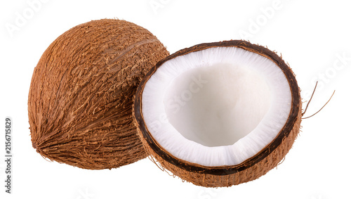 Canvastavla Whole brown coconut and half coconut with white flesh, isolated on transparent b