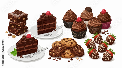 A delicious assortment of chocolate desserts including cake, brownies, cupcakes, cookies, and chocolate-dipped strawberries