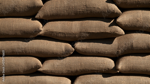 Elegent photo of A stack of textured burlap sandbags piled in direct sunlight. Useful for military fortification, flood protection, or industrial logistics concepts.