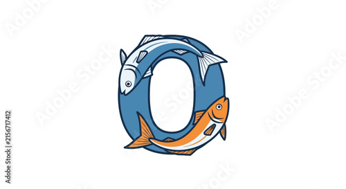 Two Fish Swimming Around Blue Letter O, Ocean Life Symbol