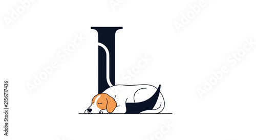 Cute dog sleeping next to a large letter L on a white background