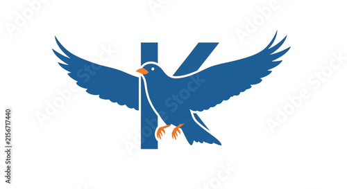 Blue bird flying with spread wings in front of letter K logo
