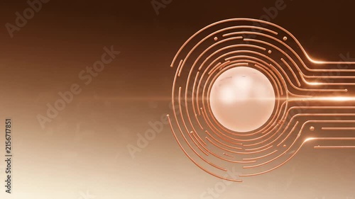 Abstract Copper Circuitry Forming Concentric Rings Around a Glowing Sphere