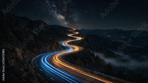 Night time view of an empty road