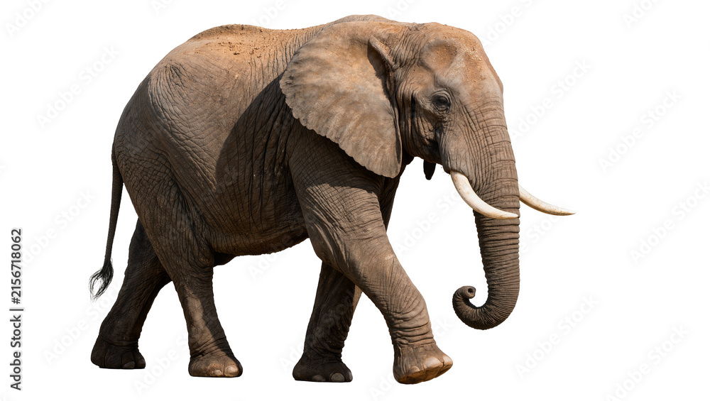 Fototapeta premium African elephant with large tusks walking, isolated on transparent background