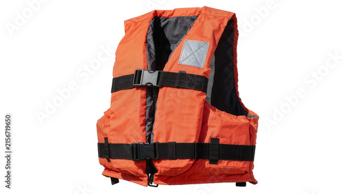 Cuadro en lienzo Orange life vest with black buckles and straps, isolated on transparent backgrou