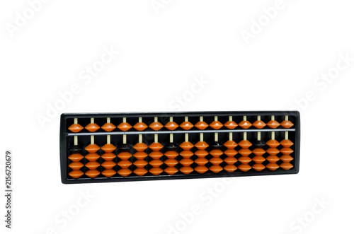 Black rectangular abacus with orange beads on white rods lying horizontally on white background. Isolated counting tool for mathematics education, arithmetic learning and calculation concept.