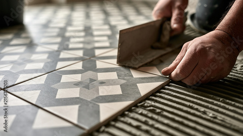 Elegent photo of A construction worker expertly lays patterned ceramic floor tiles using mortar. Ideal for home renovation and interior design professional services.