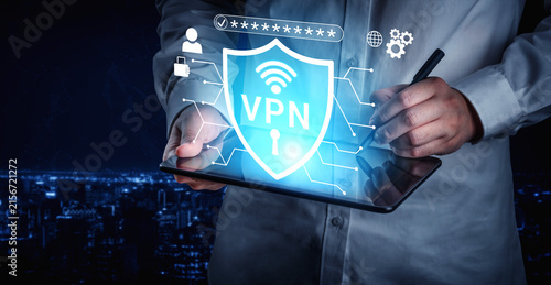 Quadro su tela User Interacting with Virtual Private Network Concept on Tablet in Cybersecurity Environment with Visual Data Network Graphics Haptic