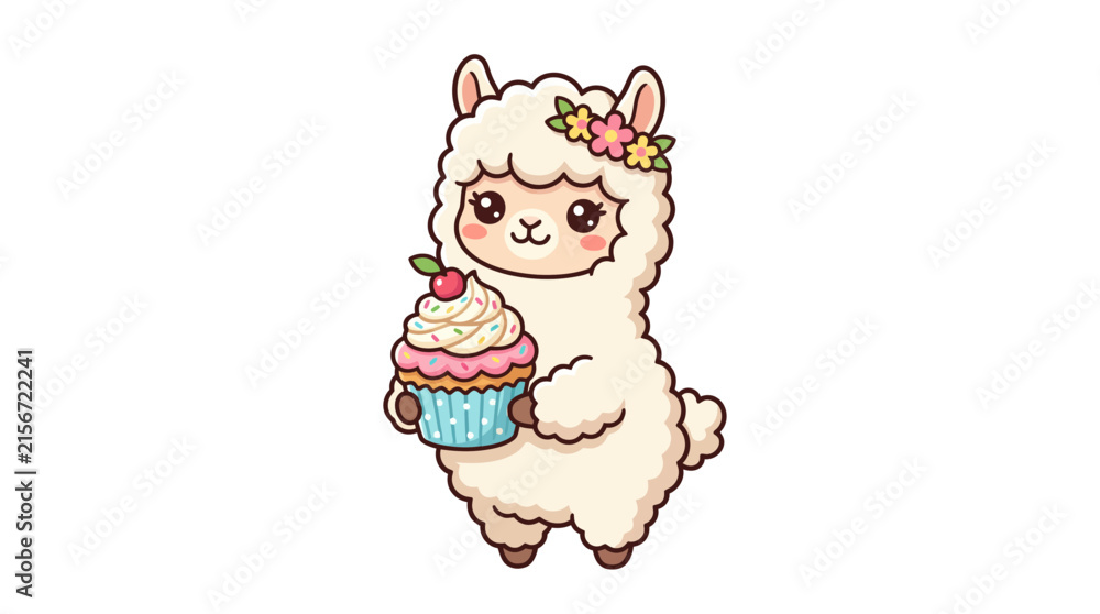 Naklejka premium Cute Llama Holding a Cupcake
