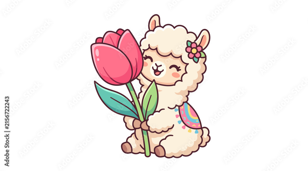 Naklejka premium Cute Llama Holding Pink Tulip Flower