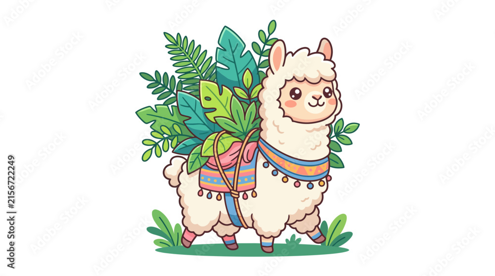 Naklejka premium Cute Llama with Tropical Leaves