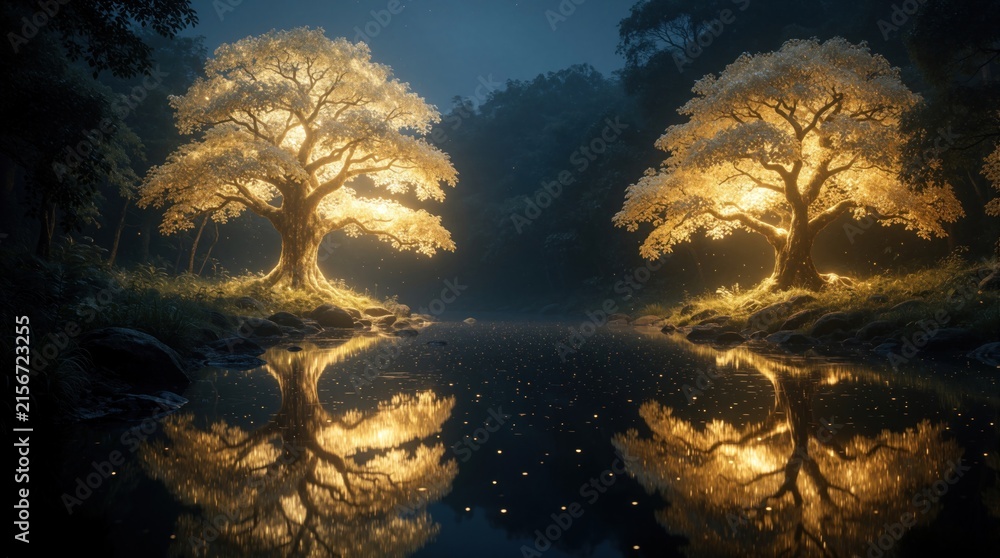 Fototapeta premium Two mystical golden trees glow brightly by calm river at night. Luminous light reflects in dark water surface under starry sky. Magical forest landscape with bright yellow leaves, floating particles