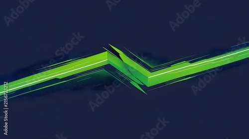 Abstract green zigzag shape with digital particle effect.