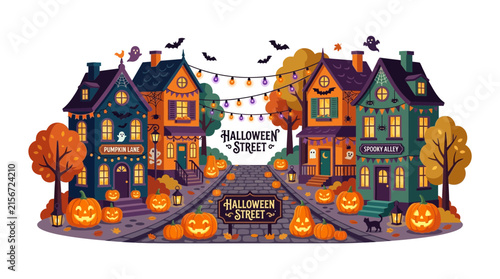 Spooky Halloween Street Scene with Pumpkins and Ghosts