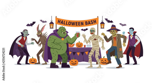 Monsters celebrating Halloween party with pumpkins and decorations