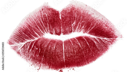 Foto Red lipstick kiss mark imprint, isolated on transparent background