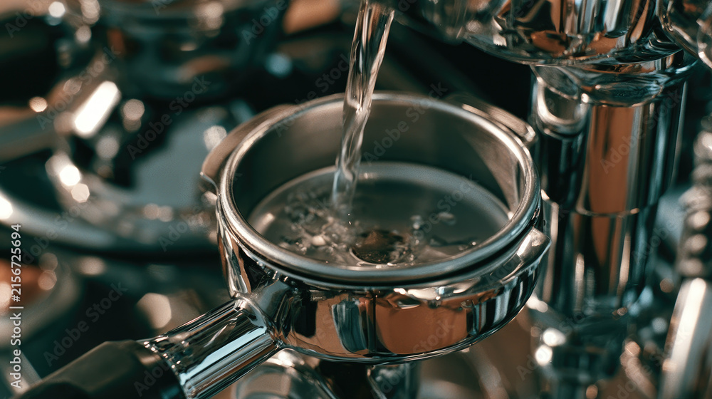 Obraz premium Cleaning espresso machine filter basket under clear water in cafe light, stainless steel with shallow depth of field and bright reflections
