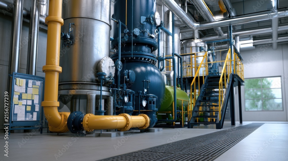 Fototapeta premium Industrial facility featuring large metallic tanks, pipelines, and equipment in a well-lit environment with modern design and production efficiency in focus