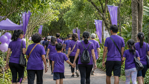 Group of Asian participants of various ages walking together outdoors wearing purple ribbons. Southeast Asian Alzheimer's awareness walk concept.