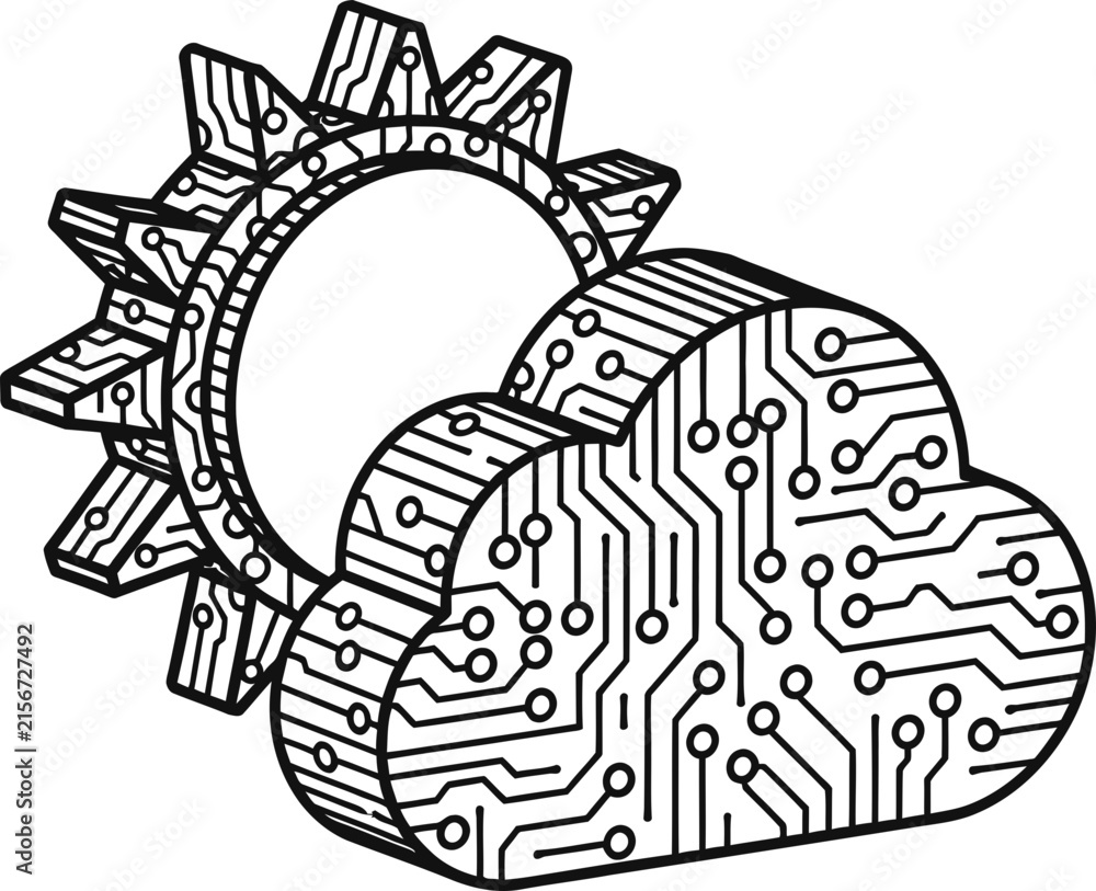 Naklejka premium Electronic Circuit Board Trace Sun and Rain Cloud Weather Icon With Monoline Geometric Paths and Nodes Outline