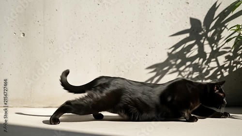 Glossy black cat stretches out paws, preparing to pounce in sunlight, against a textured wall