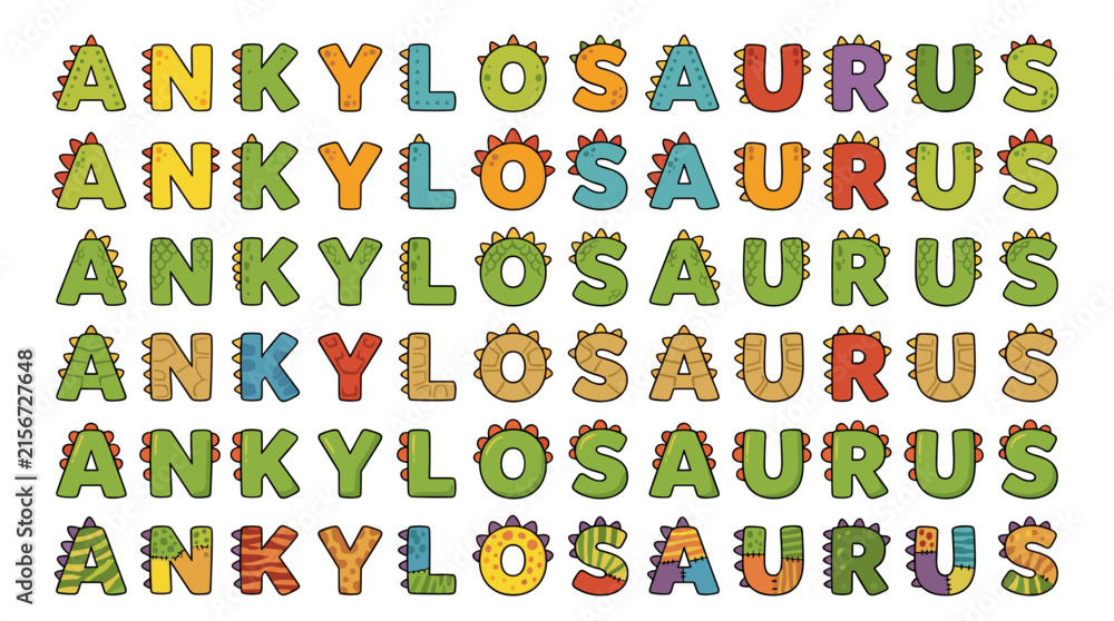 Fototapeta premium Ankylosaurus word in various dinosaur letter designs for educational and creative graphic projects