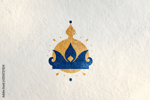  Minimal Krishna crown and flute graphic with elegant design and typography space.
