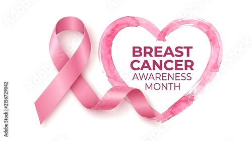 Pink ribbon forming a heart shape with the words breast cancer awareness