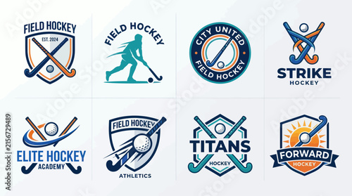 Colorful field hockey sports logo and mascot collection.