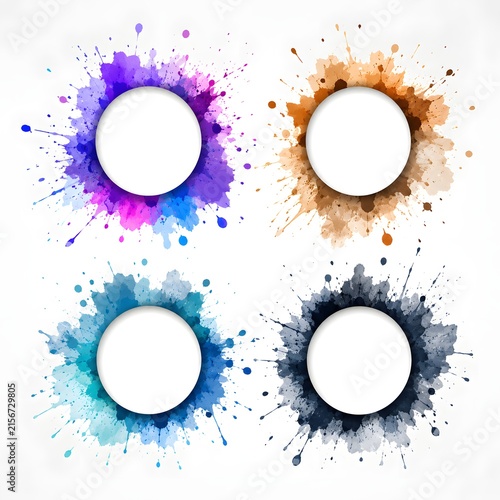 Colorful Watercolor Splash Circular Frames Set Blue Purple Brown Gray Paint Splatters Abstract Art Borders Brush Stroke Design Elements
