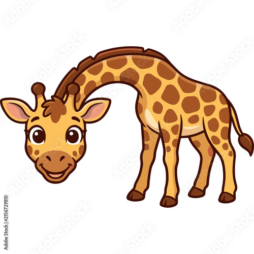 Cute cartoon giraffe illustration, brown spots, long neck, smiling animal character on white background