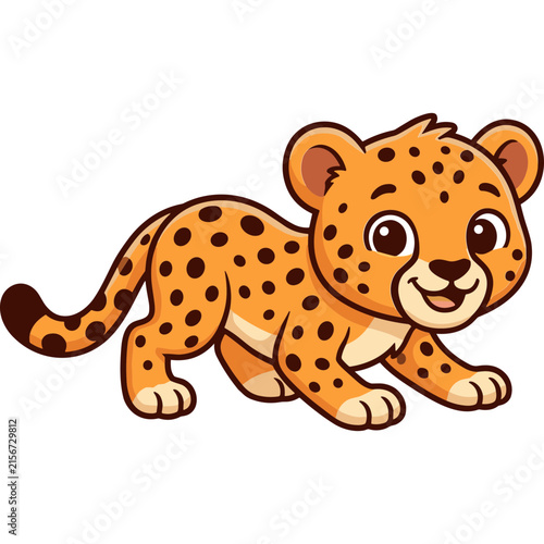 Cute cartoon cheetah cub walking isolated on white background, vector illustration of a wild cat