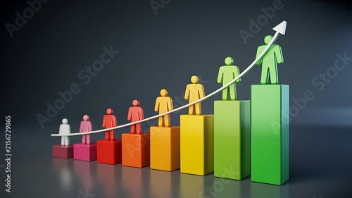 Business growth chart with colorful ascending bars and employee development concept