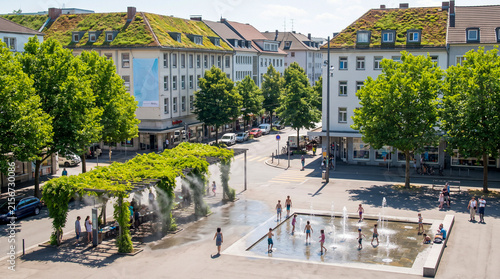Children play in a fountain in a city square surrounded by trees and buildings on a sunny day