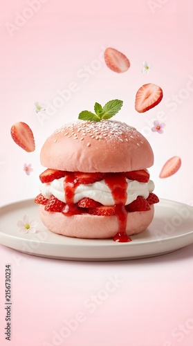 Strawberry Whipped Cream Dessert Burger on Plate